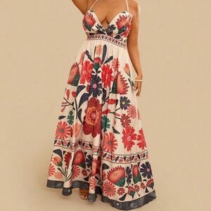 Boho Floral Maxi Dress XL Plunge Neckline Vacation Beach Wedding Farm Rio Style